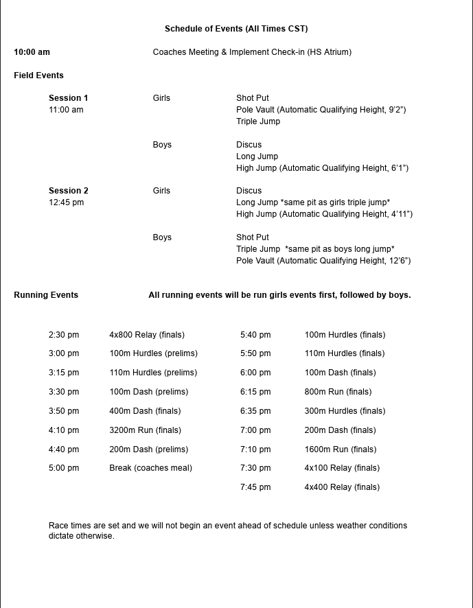 schedule of events - district track