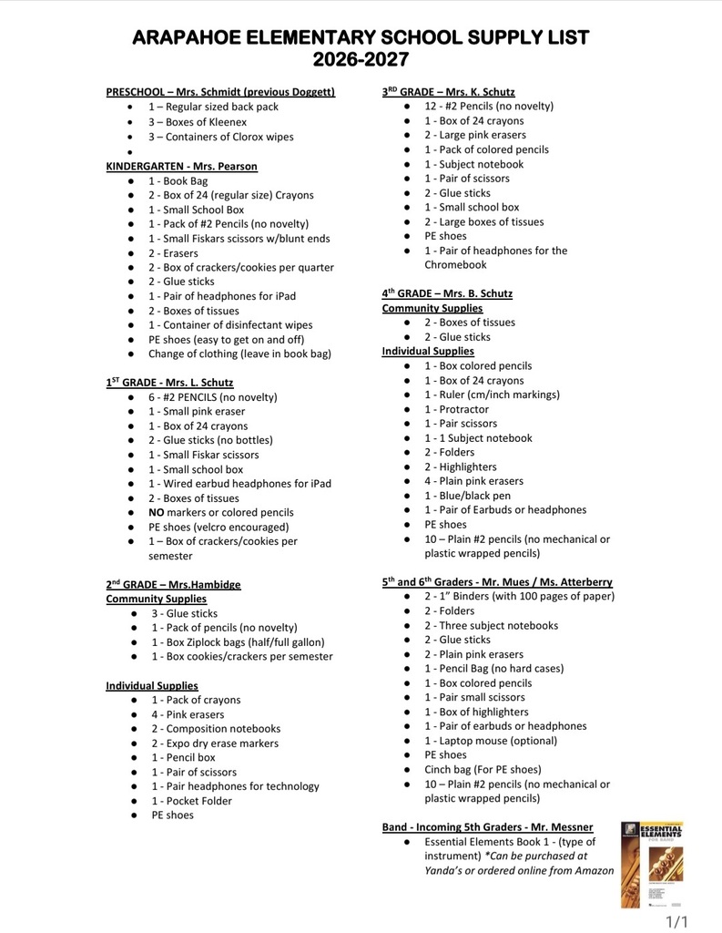 elementary school supply list 26-27