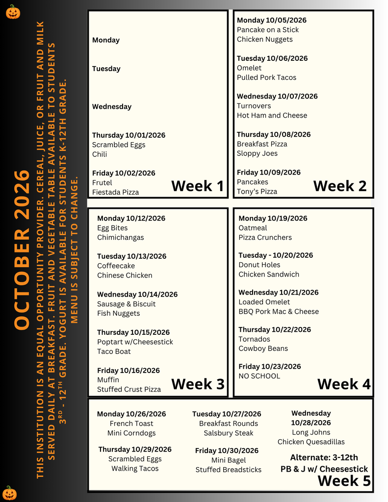 october 2026 lunch menu
