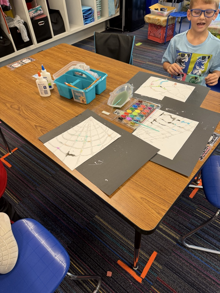 Students drew a web, covered it with glue and salt, then painted with watercolor!