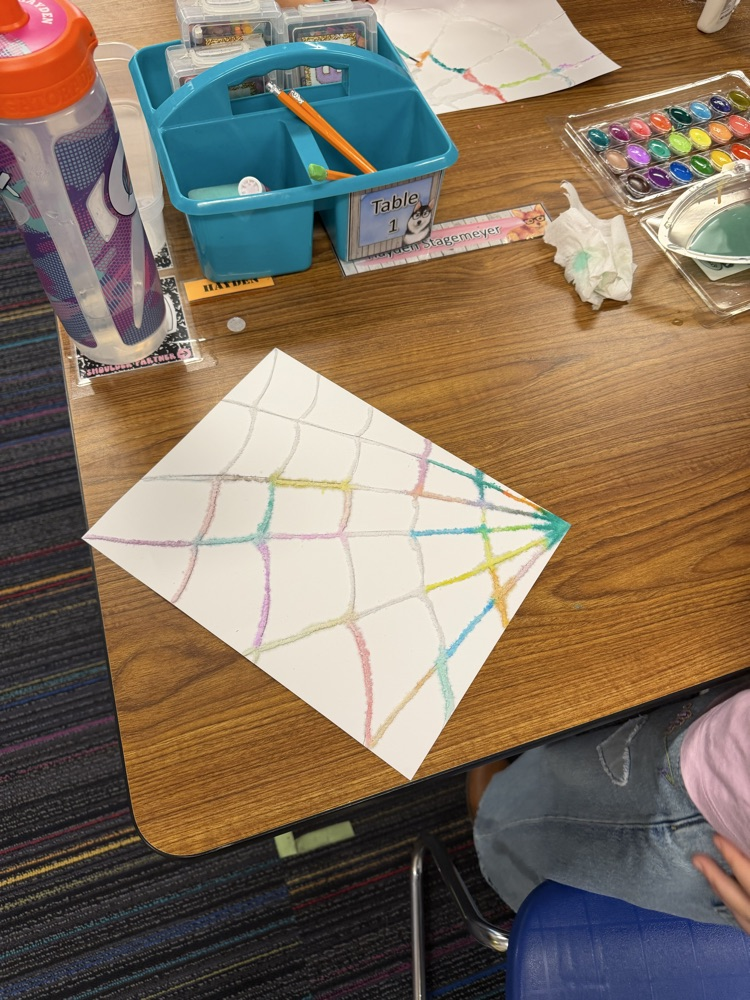 Students drew a web, covered it with glue and salt, then painted with watercolor!
