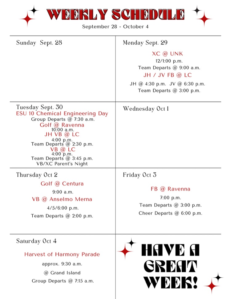 Weekly Schedule: September 28 - October 4