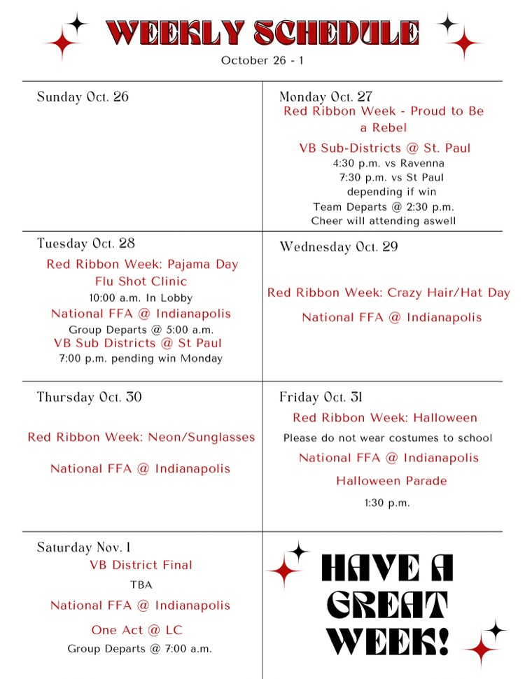 Weekly Schedule: October 26 - November 1