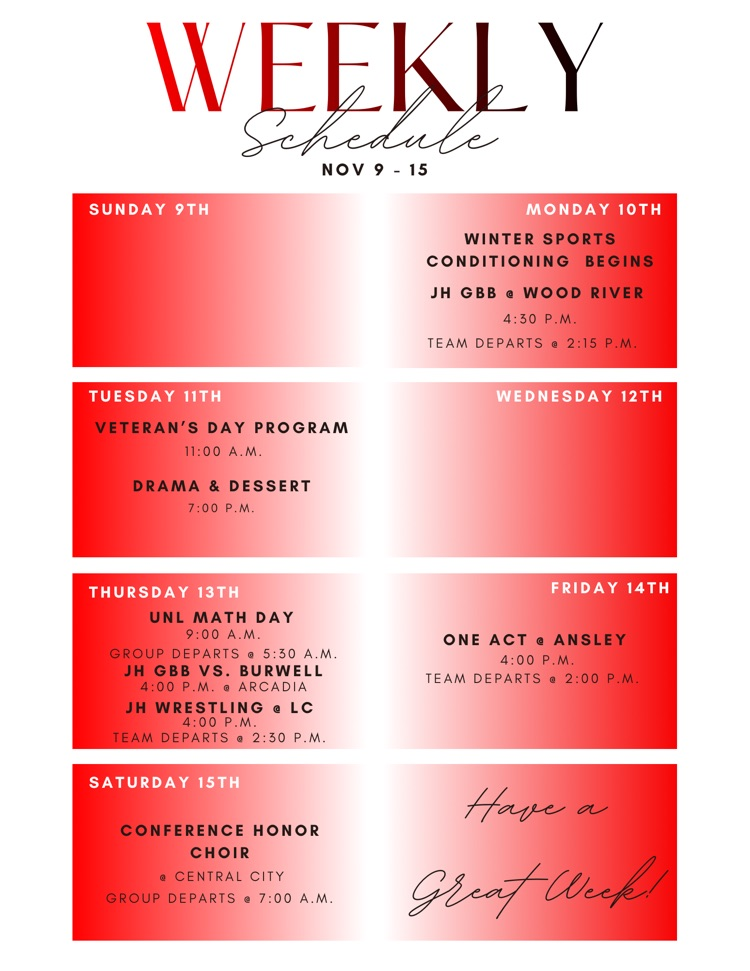 Weekly Schedule: November 9-15
