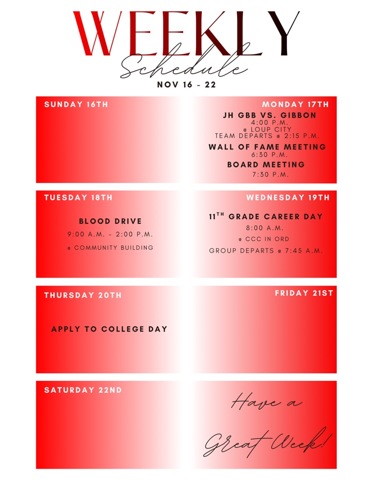 Weekly Schedule: November 16 - 22