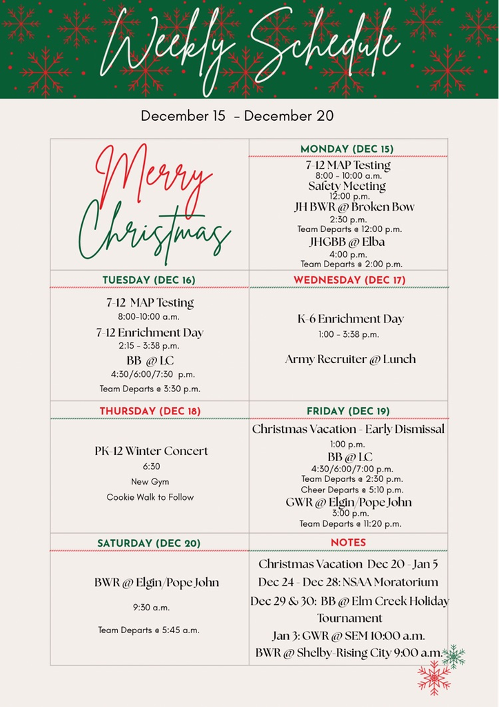 Weekly Schedule: December 15 - 20