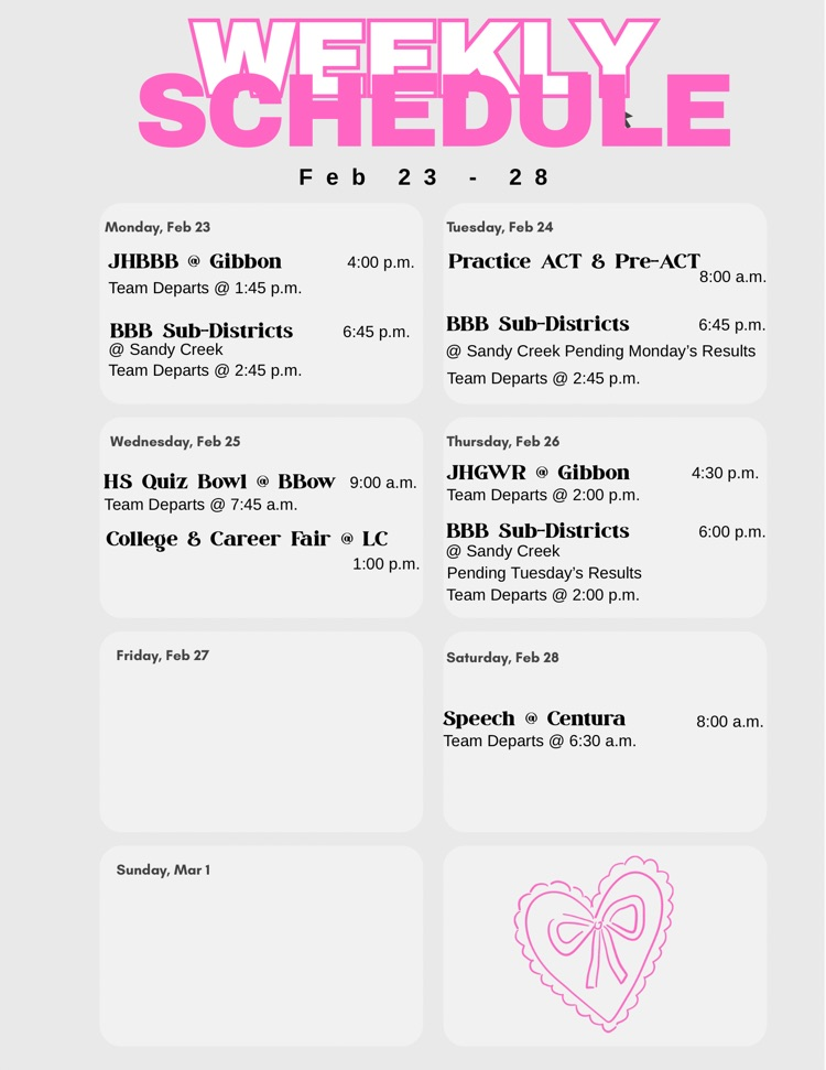 Weekly Schedule: Feb 23 - 28