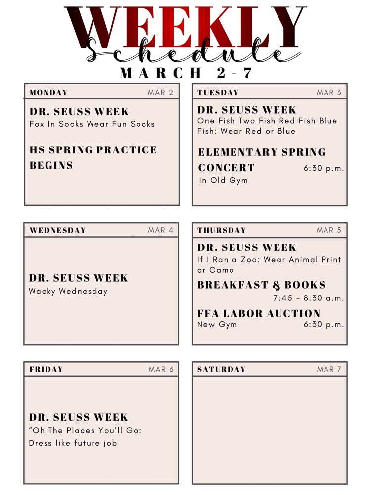 Weekly Schedule: March 2 - 7