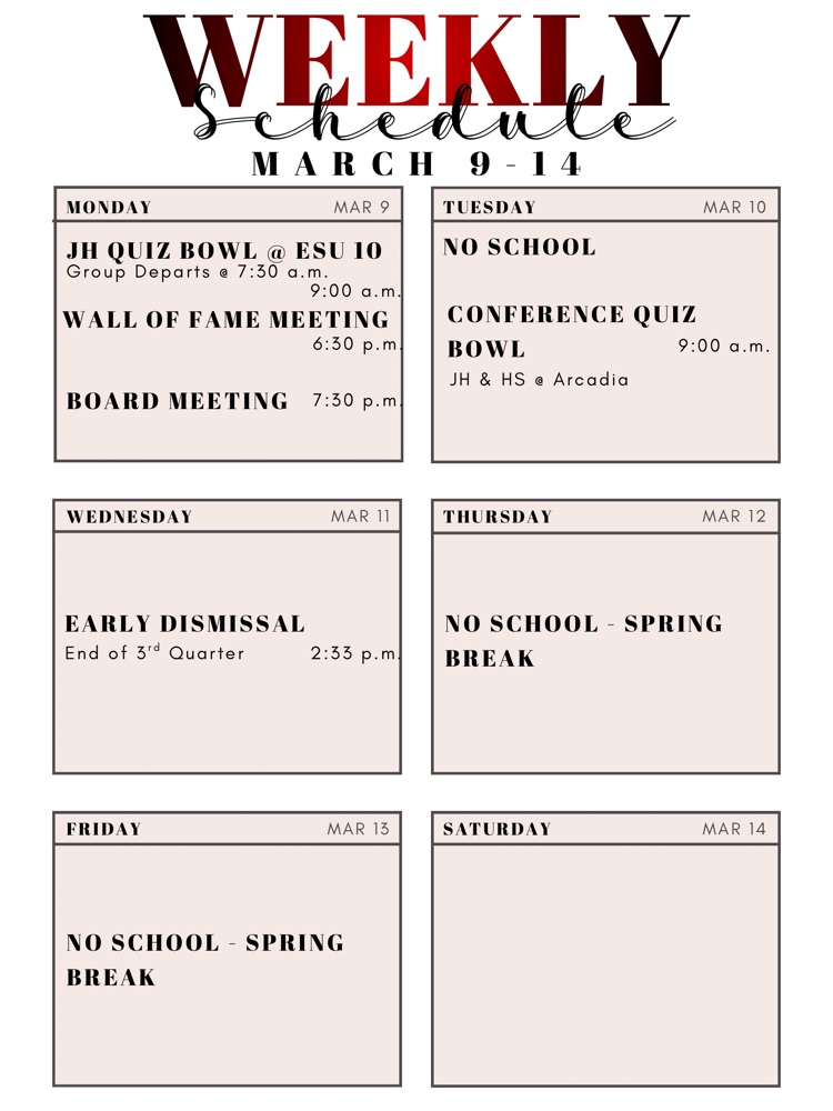 Weekly Schedule: March 9-14