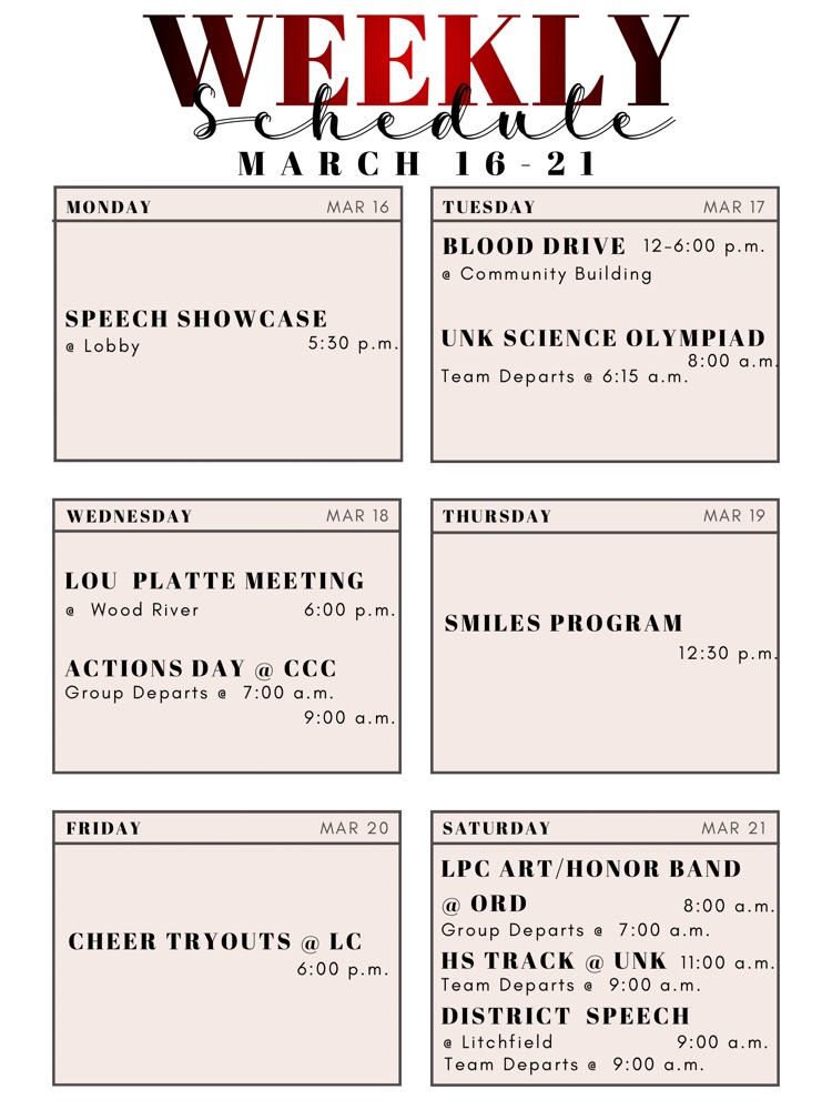 Weekly Schedule: March 16 - 21