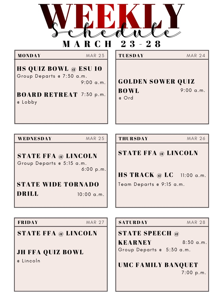 Weekly Schedule: March 23-28
