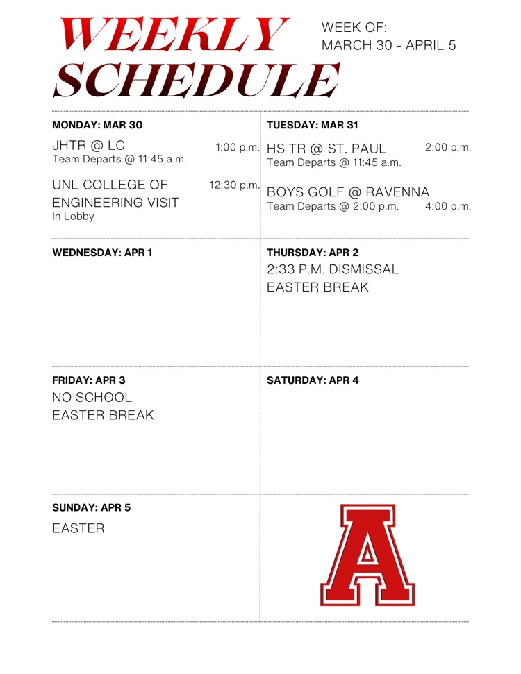Weekly Schedule: March 30 - April 5