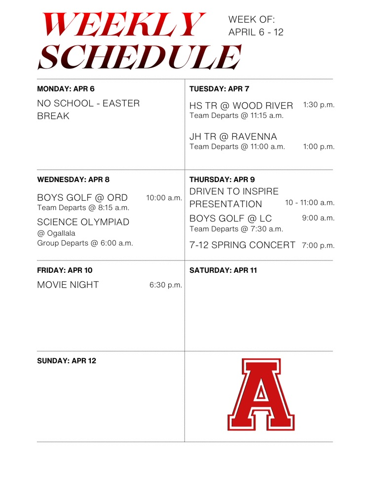 Weekly Schedule: April 6 - 12