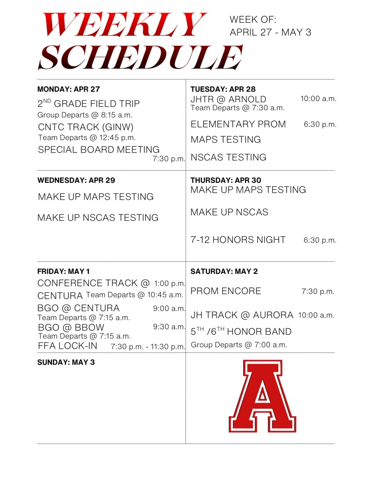 Weekly Schedule: April 27 - May 3
