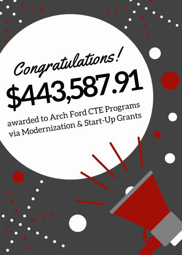 announcement for $443,587.91 awarded to Arch Ford CTE Programs via Modernization & Start-Up Grants
