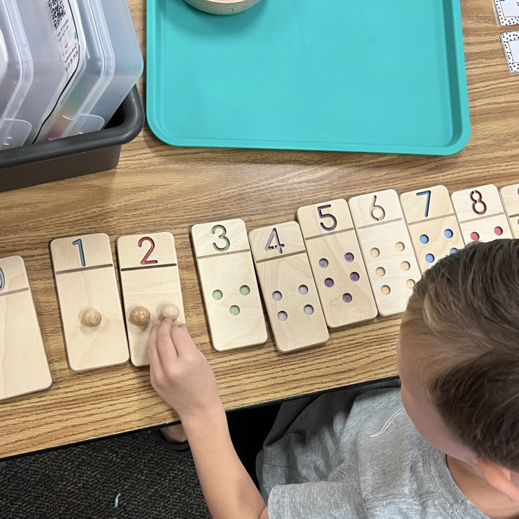 this picture is of a young student. The picture is from above. You only see the head and hands. The student is placing wooden balls on matching wooden number sets.