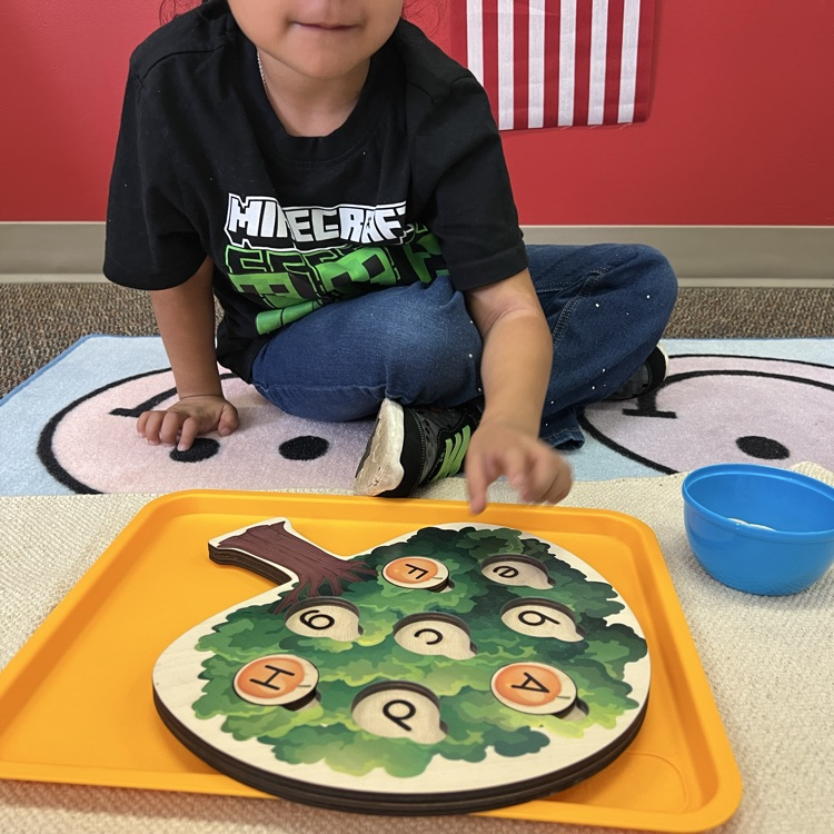 this child is placing wooden apples to the matching lowercase letter on a tree.