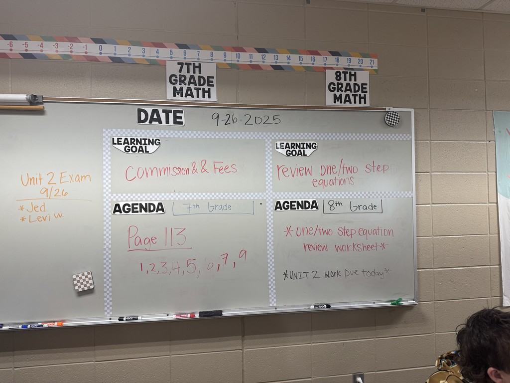Daily Announcements and Objectives for 7th and 8th grade math classes posted to the White Board. 