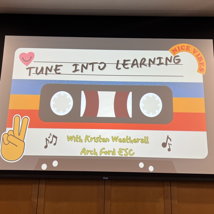 this picture is a picture of a slide from the slide deck. It is introducing the session. It has the title tune in to learning in the presenters name, Kristen Weatherall.