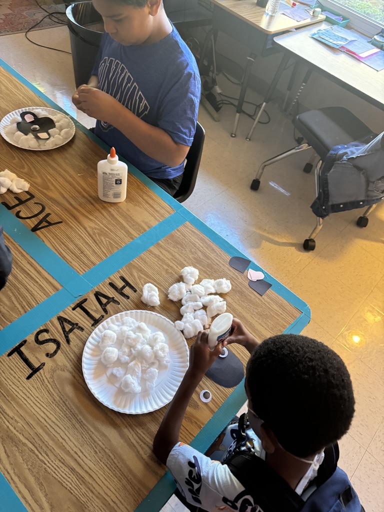 Students working on their cotton ball lambs.