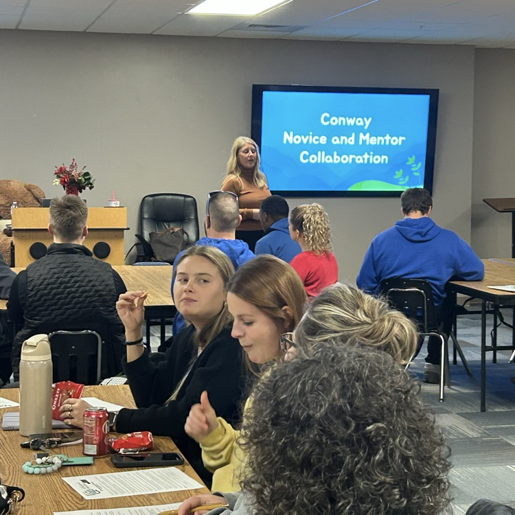 Trainer and presentation at the front of the room. groups of teachers sitting at tables  