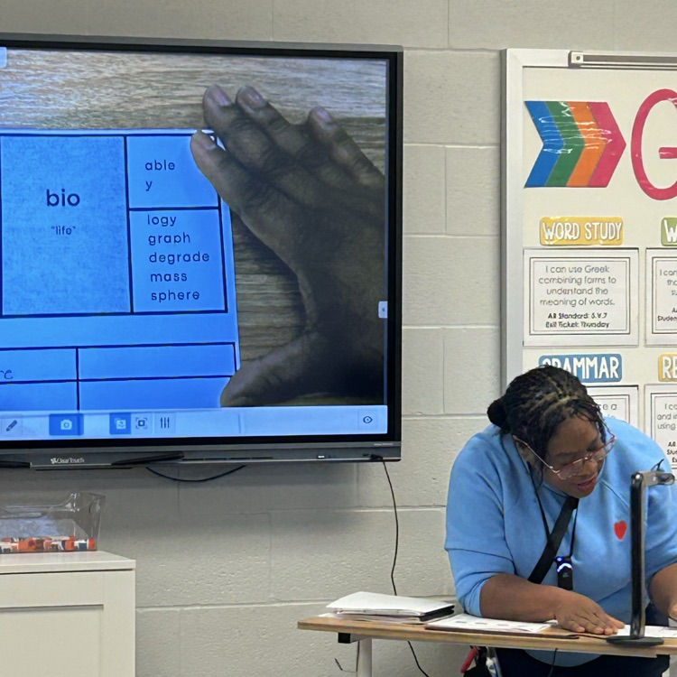 Teacher at the front of the room doing a Morphology lesson on the board with her students  