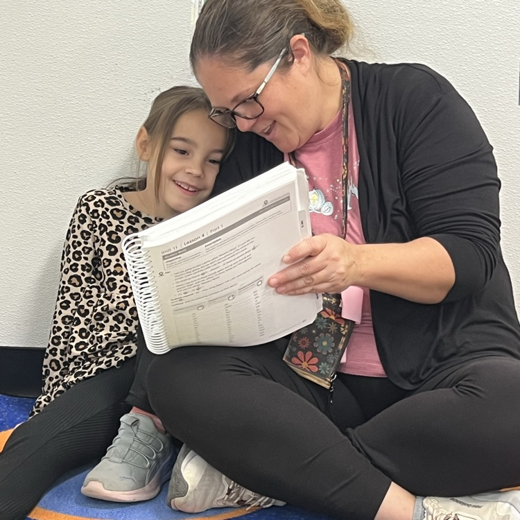 Teacher and young student sitting closely together on a classroom rug, smiling while reviewing a lesson binder during one-on-one instruction.