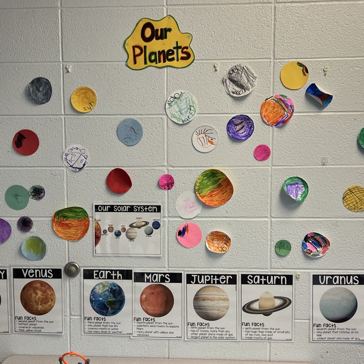 Classroom wall display showing a solar system learning activity at Clinton ABC Preschool. Children’s handmade planets are displayed above posters of the sun and each planet in the solar system.