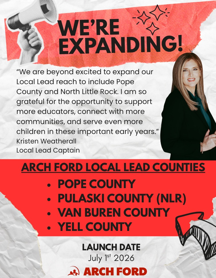 Arch Ford Local Lead expansion announcement. Now serving Pope, Pulaski (North Little Rock), Van Buren, and Yell Counties. Launch date July 1, 2026. Includes photo of Kristen Weatherall.
