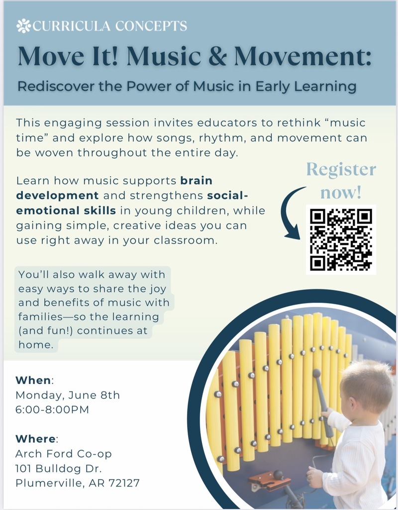 Flyer for Move It! Music & Movement, an early childhood training on using music and movement to support brain development, social-emotional skills, and learning. Includes event details, registration QR code, and a photo of a child playing an outdoor xylophone.