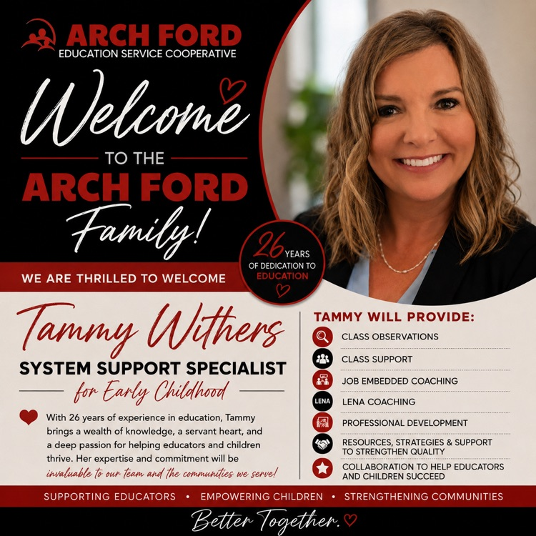 Welcome graphic introducing Tammy Withers as Arch Ford’s System Support Specialist for Early Childhood, highlighting her 26 years in education and support services for educators and children.