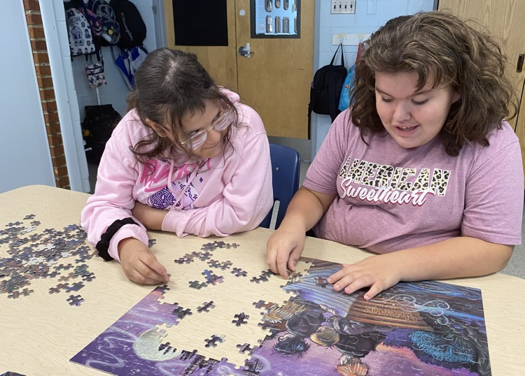 Two students working on puzzle.