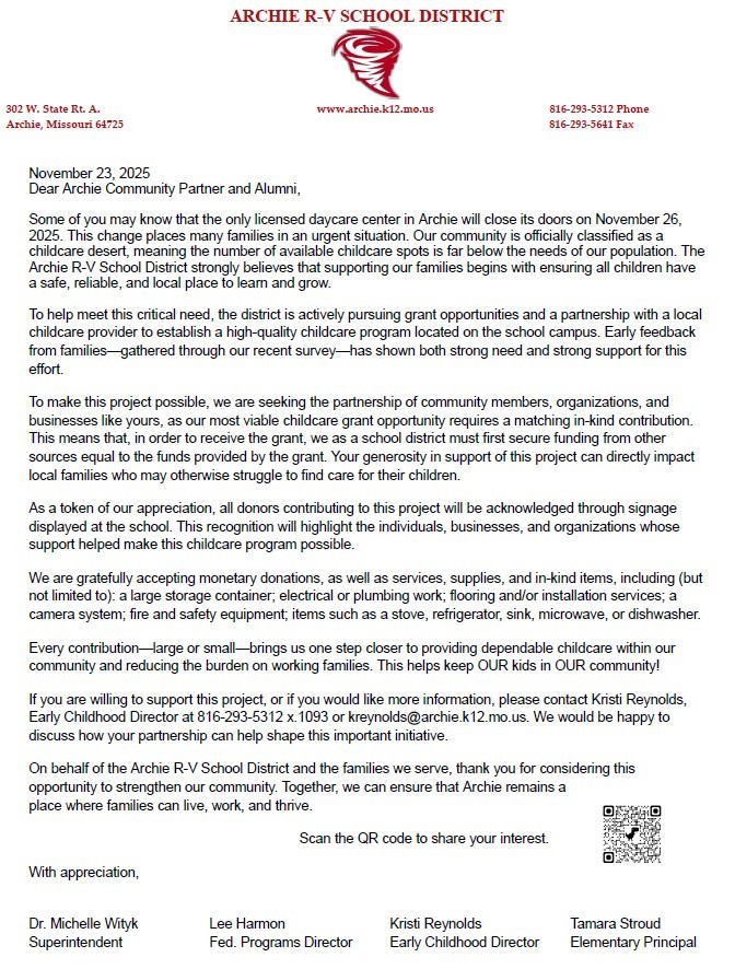 Letter to the community about in-kind donations for a childcare program.