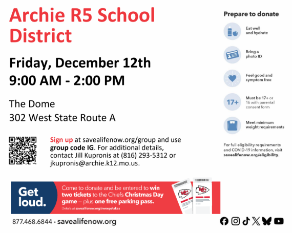 Blood Drive QR code and information.