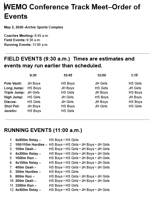 WEMO Track Schedule