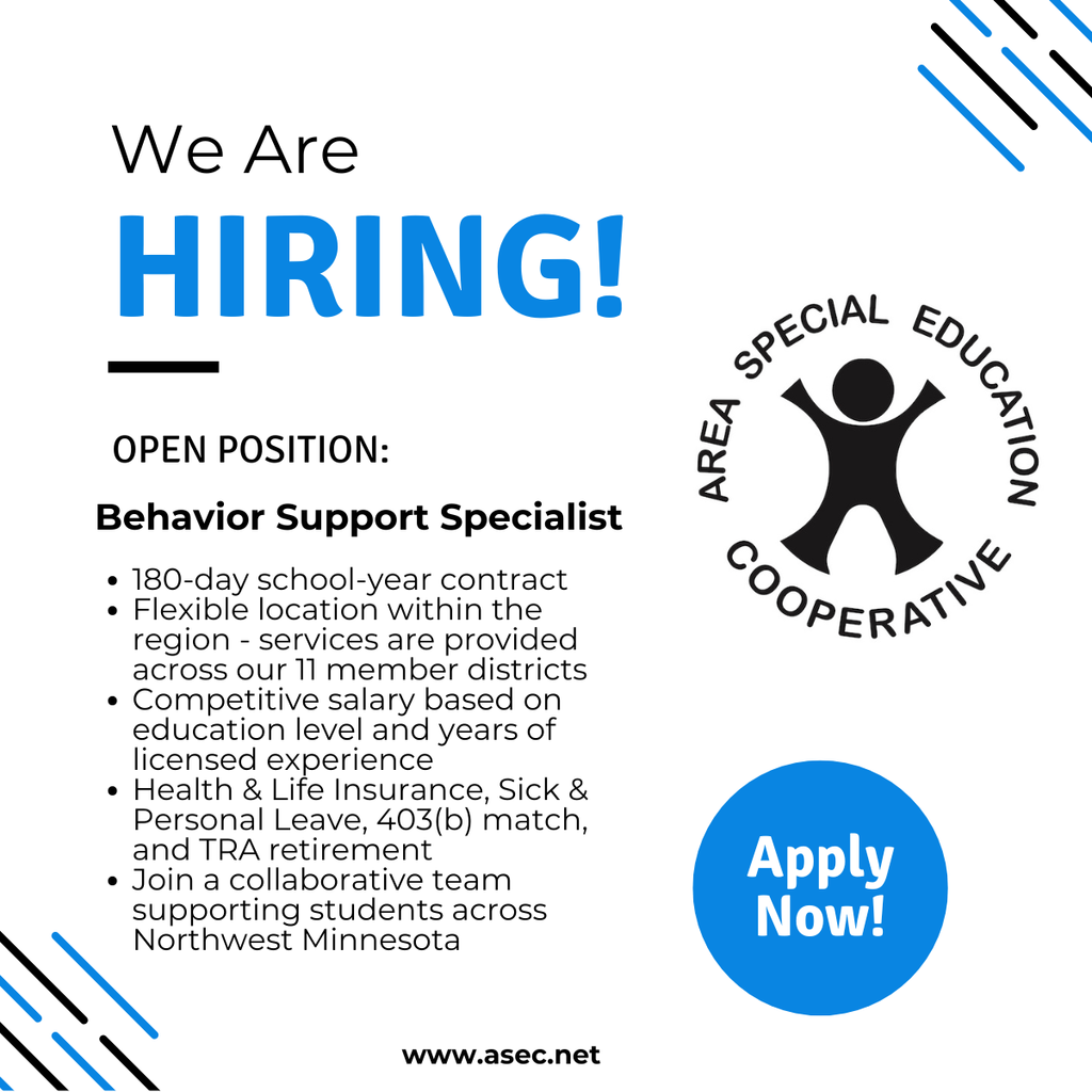 ASEC is hiring Behavior Support Specialist March 2026 - White background blue and black lettering ASEC logo
