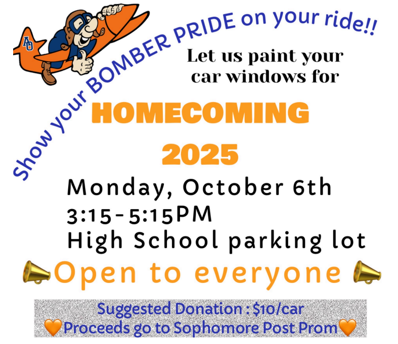Car painting for homecoming week available on Monday, October 6 in the high school parking lot from 3:15-5:15pm.