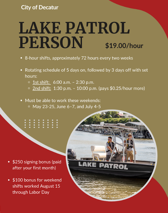 Decatur Lake Patrol hiring flyer for summer 2026