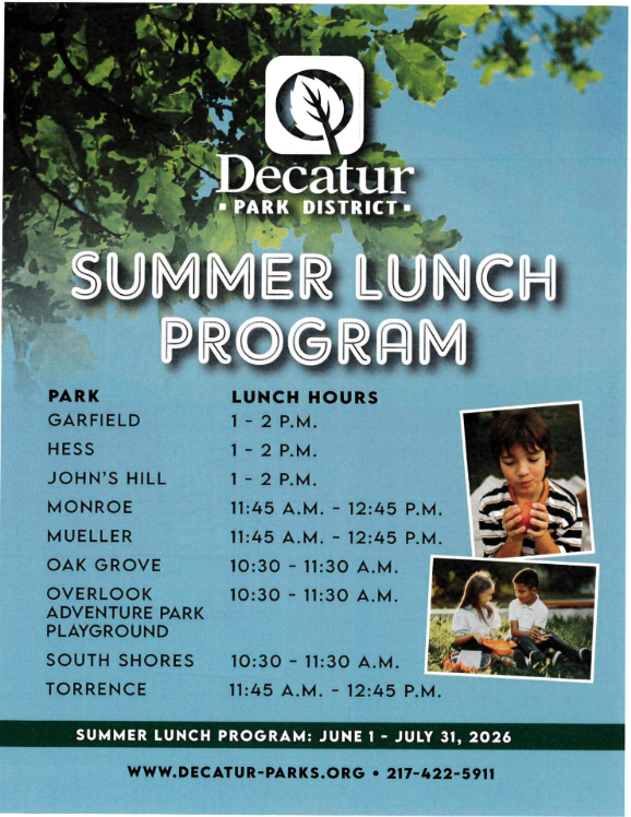 The Decatur Park District is offering lunches during the summer at designated locations for children.