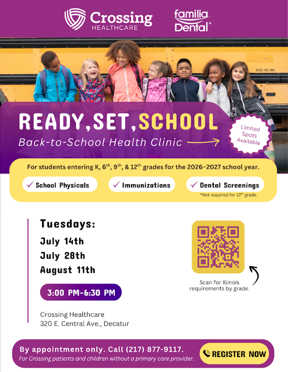 Crossing Healthcare and Familia Dental are offering a health clinic for students to complete their health requirements for school year 2026-27.