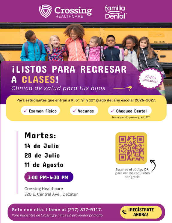 Crossing Healthcare y Famlia Dental están ofreciendo una clinic para que los alumnos puedan completar todas sus requisitos de salud para el año escolar 2026-27.