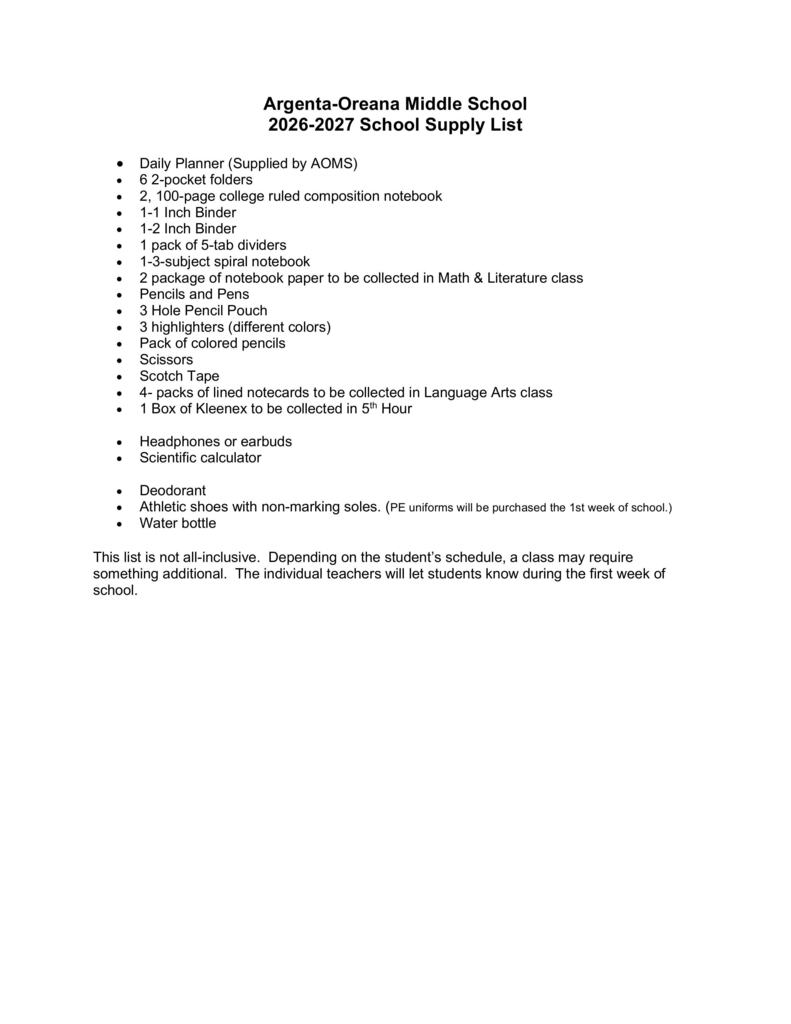 26-27 AOMS Supply List