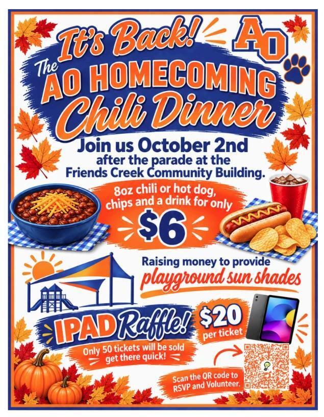 Flyer for Chili dinner fundraiser-homecoming-$6 for 8 oz chili or hot dog on october 2nd friends creek community building after the parade ends