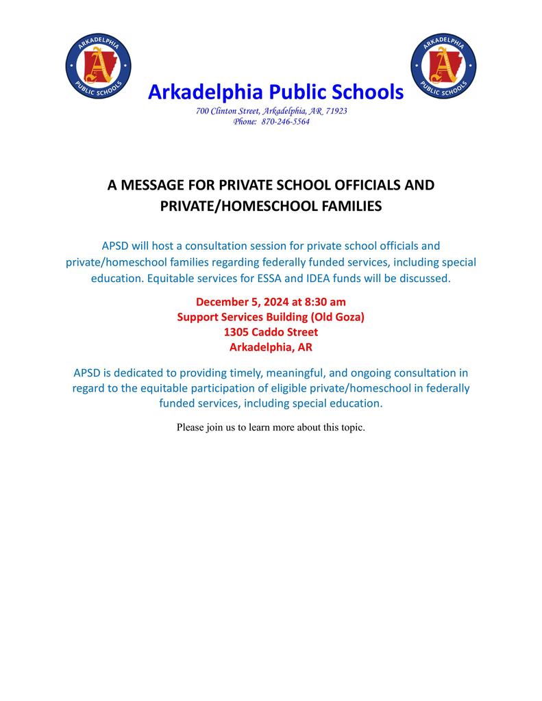 Consultation session for private school officials and private and homeschool families regarding federally funded services, including special education