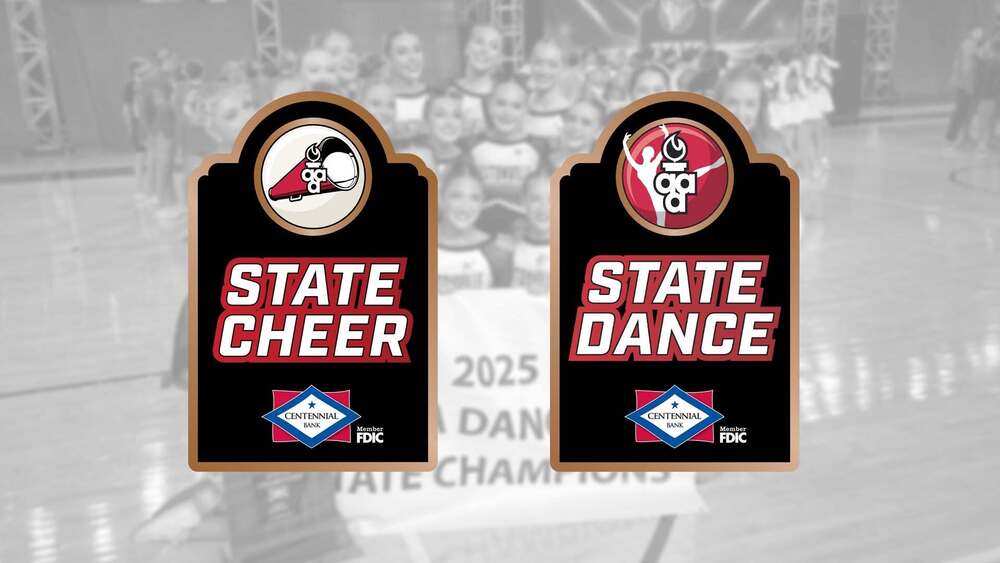 Promotional graphic for Arkansas high school spirit championships, featuring side-by-side black panels labeled "STATE CHEER" and "STATE DANCE" with corresponding sport icons and the Centennial Bank logo. The background shows a blurred, desaturated photo of a cheer or dance team on a gymnasium floor