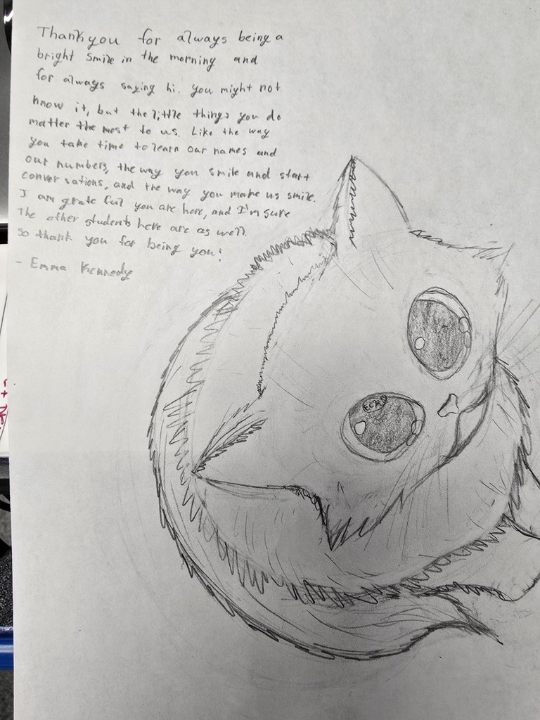 Hand written note from student
