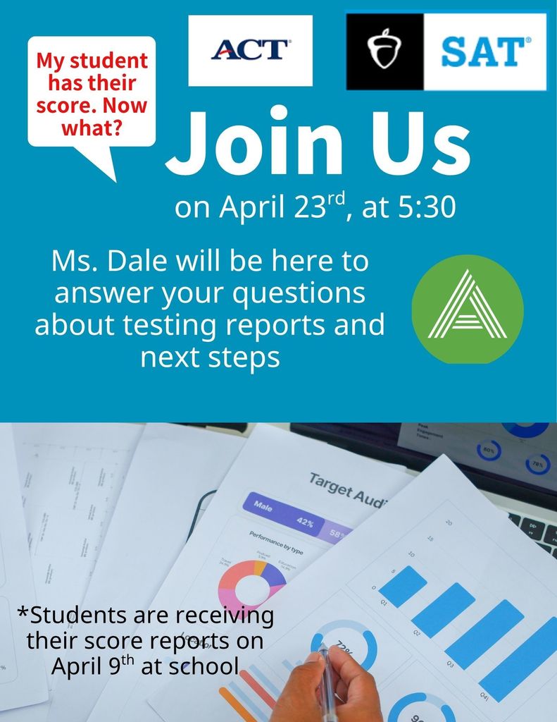 Parent Engagement Night on April 23rd at 5:30 to discuss ACT and SAT testing score reports