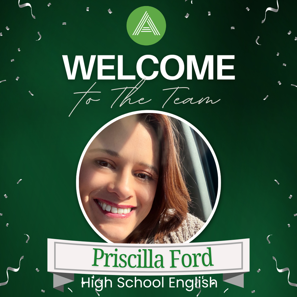 A welcome graphic on a dark green background with silver confetti and the Arkansas Arts Academy logo at the top. Large white text reads "WELCOME" with "to The Team" in a handwritten script beneath it. Centered is a circular portrait of Priscilla Ford, who is smiling while seated in a vehicle, with sunlight illuminating part of her face. She has shoulder-length brown hair and is wearing a light-colored sweater. A banner below the photo displays her name, "Priscilla Ford," in green text, with "High School English" written underneath in white.
