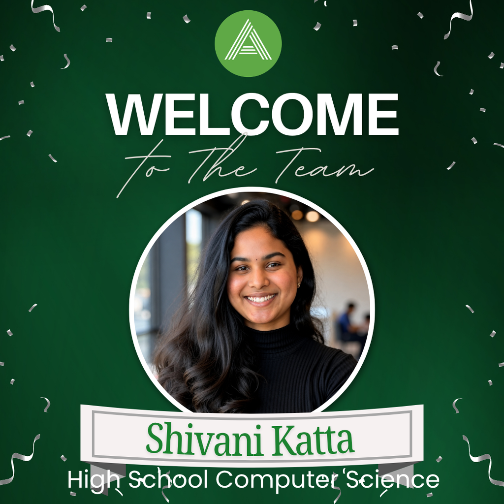 Green welcome graphic from Arkansas Arts Academy featuring a professional portrait of Shivani Katta, the new High School Computer Science teacher. White confetti is scattered across a dark green background with the Arkansas Arts Academy logo at the top. Large white text reads, "Welcome," with cursive text underneath saying, "to the Team." Centered is a smiling portrait of Shivani Katta wearing a black turtleneck, framed in a white circle. A banner below the photo displays her name, Shivani Katta, with the title High School Computer Science beneath it.