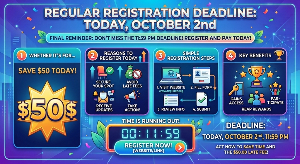 A colorful, blue-themed digital infographic titled "REGULAR REGISTRATION DEADLINE: TODAY, OCTOBER 2nd". The subtitle reads "FINAL REMINDER: DON'T MISS THE 11:59 PM DEADLINE! REGISTER AND PAY TODAY!"   The main content is arranged into numbered sections and panels:Save $50 Today! – Features a prominent starburst badge highlighting "$50$" in large text.   Reasons to Register Today – Icons highlighting "Secure Your Spot," "Avoid Late Fees," "Receive Updates," and "Take Action!"   Simple Registration Steps – A 4-step diagram showing "1. Visit Website," "2. Fill Form," "3. Review Info," and "4. Submit."   Key Benefits – Text and icons emphasizing gaining access, participating, and reaping rewards.   At the bottom, a call-to-action section includes a digital timer display showing "00:11:59", a green "REGISTER NOW!" button placeholder, and text stating "DEADLINE: TODAY, OCTOBER 2nd, 11:59 PM - ACT NOW TO SAVE TIME AND THE $50.00 LATE FEE!